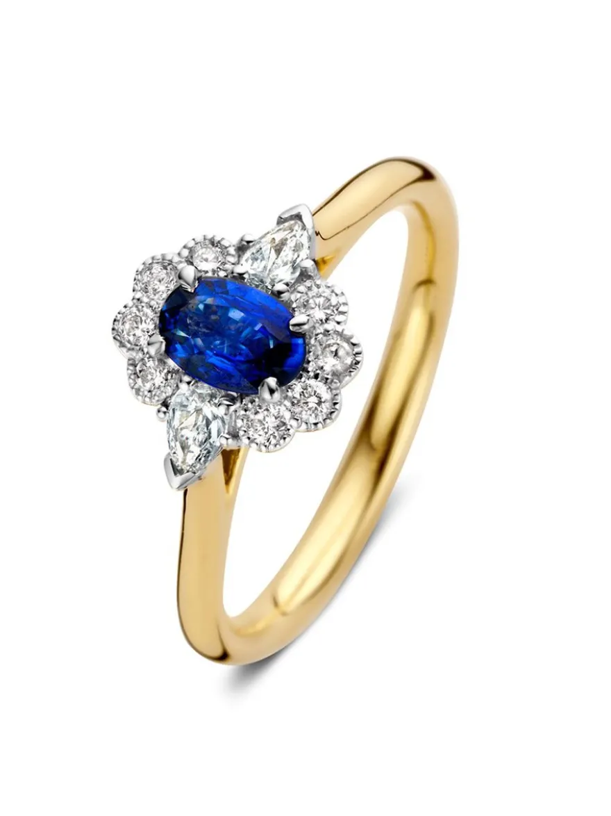 Bicolor entourage ring met briljant en saffier + Luxe Cadeau